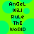 Pixelated text reads 'AnGeL WiLL RuLe THE WoRlD' on a bright green background with cyan circular patterns.
