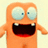 Pixelated orange cartoon character with large light blue eyes, wide dark brown mouth showing white teeth, and outstretched arms against a pale yellow background.