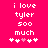 A bright pink background displays white pixelated text reading "i love tyler soo much" with five small heart symbols below, where the third heart is light pink.