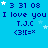 Blue background with repeated text and symbols, featuring 'I love you' in dark blue pixelated font, 'T.J.C' below it, '<3![:=×' at the bottom, white stars scattered throughout.