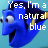Pixelated blue fish with large eye and open mouth, overlaid white text reading "Yes, I'm a natural blue" on light blue background.