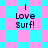 Pixelated text 'I Love Surf!' on a checkered background with cyan and pink squares transitioning to a diamond pattern.