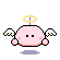 Pixelated pink round character with black eyes, white wings, and yellow halo floating above gray background.