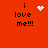 Red background with black text 'i love me!!!' and four distinct white pixelated symbols in a