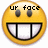 Yellow emoji face with black eyes and wide toothy grin, text above changes across frames.