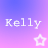 Pixelated text 'Kelly' in white with a star symbol on a gradient background transitioning from blue to pink.