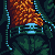 Pixel art character with green skin, orange hair, and blue eyes; multiple views show different angles of the face, weapon, and foot.