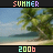A 48x48 pixel animated contact sheet showing two frames of a beach scene with palm trees, ocean, and sky, labeled "SUMMER" at the top and "2006" at the bottom in rainbow-colored text.