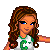 Pixel art image of a female character in green and white sports attire with long brown hair, next to soccer-related imagery including a ball and kicking action.