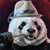 Pixelated image of a white dog-like creature with black eyes and nose, wearing a light-colored hat, against a dark red and black background.