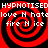 Red and black spiral pattern with repeated text overlays in white pixelated font across four quadrants.