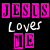 Pixelated text displays 'JESUS' repeated in pink blocks, 'Loves' in white script, and 'ME' with yellow heart symbols on black background.