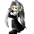 Pixelated character with long gray hair and green eyes in black dress, arms crossed, shown across six
