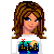 Pixel art contact sheet showing four frames of an animated buddy icon featuring a cartoon woman with brown hair, blue eyes, and cityscape-themed clothing against a white background.