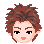 Pixel art head with brown spiky hair, black eyes, and pink lips in three expressions: neutral, smiling, and closed eyes.