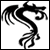 Black and white pixelated dragon icon with curved body, winged head, and multiple tail segments on solid white background.