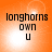 Orange background with four identical showing text 'longhorns own u' and a bright white light spot shifting position across the