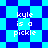 Pixelated text 'kyle is a pickle' appears on two distinct blue and cyan checkered backgrounds with diamond-shaped patterns.