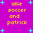 A static pixel art image with a bright purple background, yellow text reading 'allie soccer and patrick', and scattered cyan star shapes.