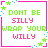 Pixel art contact sheet showing two animated frames of a text-based buddy icon with pink border and green stars, displaying the phrase "DONT BE SILLY WRAP YOUR WILLY" in alternating color schemes.