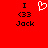 Red background displays two identical text blocks with 'I', '<33', and 'Jack' in black pixelated font, separated by a white heart symbol.