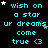 Pixelated cyan text on black background with white and gray stars, repeating 'wish on a star ur dreams come true <3' in four