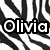 Black and white zebra-stripe patterned background with the text 'Olivia' in bold, pixelated font overlaid on top.
