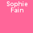 Four square display 'Sophie Fain' text in white pixelated font against solid pink, blue, cyan, and light purple backgrounds