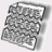 A grayscale pixelated image with abstract geometric shapes and irregular edges, featuring varying shades of gray against a light background.