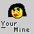 Pixelated yellow emoji face with black hair, red lips, and squinted eyes above 'Your Mine' text on gray background.
