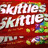 six showing Skittles candy packaging and text fragments with 'I Want Candy! <3' across red, black, and yellow backgrounds