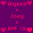 Pixelated text and heart symbols on a purple background, with 'Alyssa' and 'Joey' forming 'BFF <3' in two identical mirrored sections.