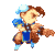 Animated contact sheet of a pixel-art character performing martial arts moves with blue and brown color scheme on gray background.