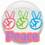 Three peace signs in red, green, and blue above the word Peace on a white background.