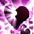 A static pixelated image with a central dark purple shape surrounded by scattered pink and white pixels on a light background.