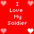 Red background with white text "I Love My Soldier" and pink/white heart icons arranged in a pattern