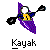 Pixelated character in purple robe with yellow face and white eyes, holding black paddles, positioned above 'Kayak' text on gray background.