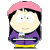 Pixelated character with large white eyes, black hair, pink cap, purple jacket, yellow pants, and a neutral expression against gray background.