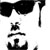 Black and white pixelated icon featuring a stylized face with large dark glasses, a small nose, and a curved mouth shape.