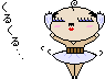 Pixel art character in ballet pose with changing facial features and hair, surrounded by Japanese text on gray background.