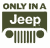 Pixelated graphic with text "ONLY IN A" above a dark green shape containing "Jeep" and a grille-like pattern below.
