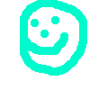 Animated sequence of a cyan-outlined smiling face icon shrinking from large to tiny, maintaining consistent facial features and background.