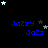 Blue text 'Jazzy Jazz' on black background with white and gray stars, stars shift position across frames.