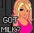 Pixelated image of a blonde woman in a pink top with text reading 'GOT MILK?' against dark background.