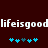 White pixelated text 'lifeisgood' repeats horizontally on a dark red background with two of blue and teal star-like symbols below