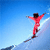 Pixelated static image of a person in red ski attire performing a jump against a blue sky background with white cloud-like streaks.