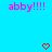 Blue background with pink text 'abby!!!!' at top left and right, red pixelated heart symbols below each text block.