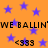 Orange background with scattered blue stars, repeated black text 'WE BALLIN'WE BALLIN'' and '<333' symbols in pixelated font.