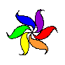 Nine identical rainbow-colored pinwheel icons arranged in a on a gray background, each with six curved petals in blue, purple, red, orange, yellow, and green
