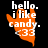 Pixelated orange hand with white text 'hello. i like candy. <33' on black background, transitioning to brown and then dark brown hues.